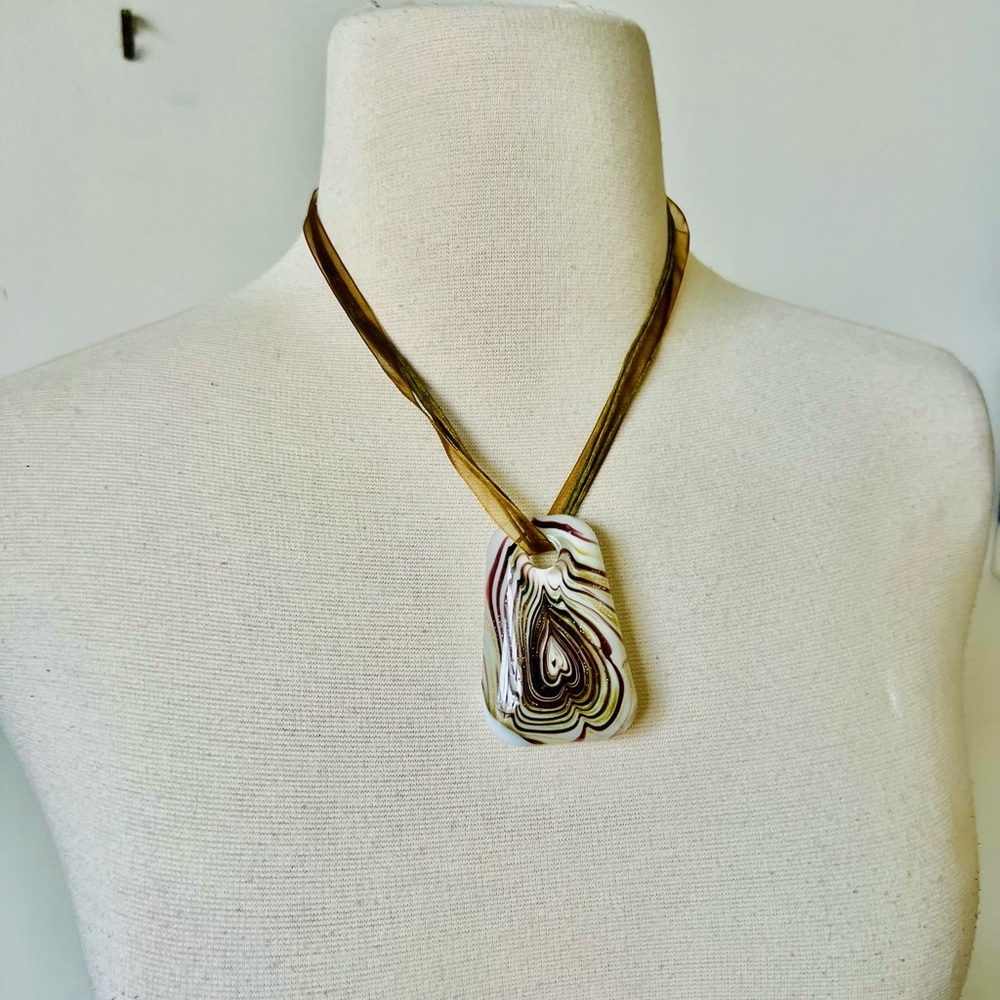 White and Brown Glass and Ribbon Choker Necklace